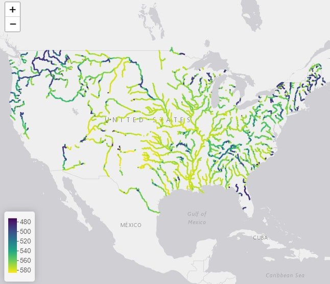 A map of river colors throughout the U.S.